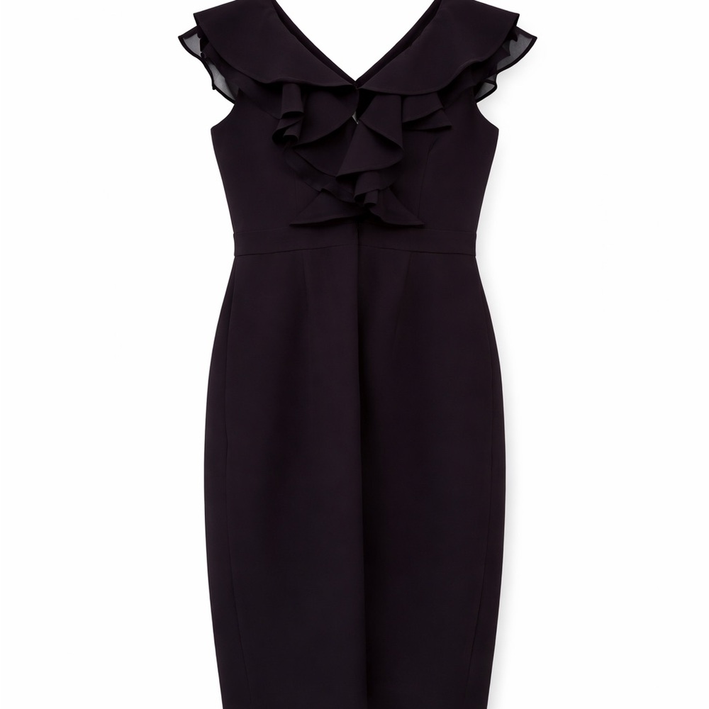 Sleeveless Ruffle V-Neck Black Sheath Dress